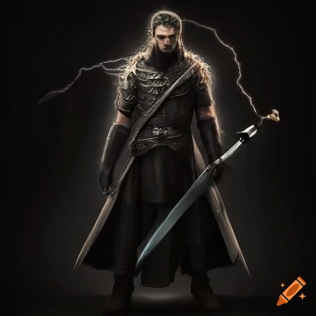 Warrior in black leather with a sword and lightning on Craiyon