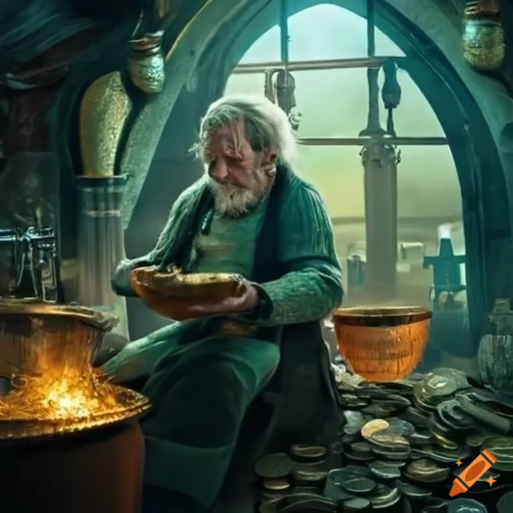 Sullen hobbit counting gold coins in a brewery