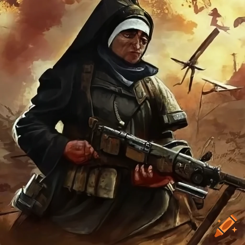 Dieselpunk Machine Militant-Nun fighting demons in World War One trenches
