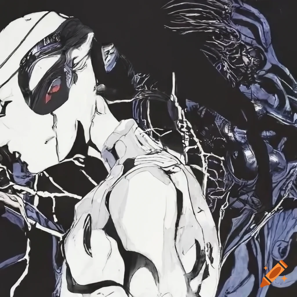 Black and white ink of a young male cyborg in a high-tech bodysuit with cyan hair