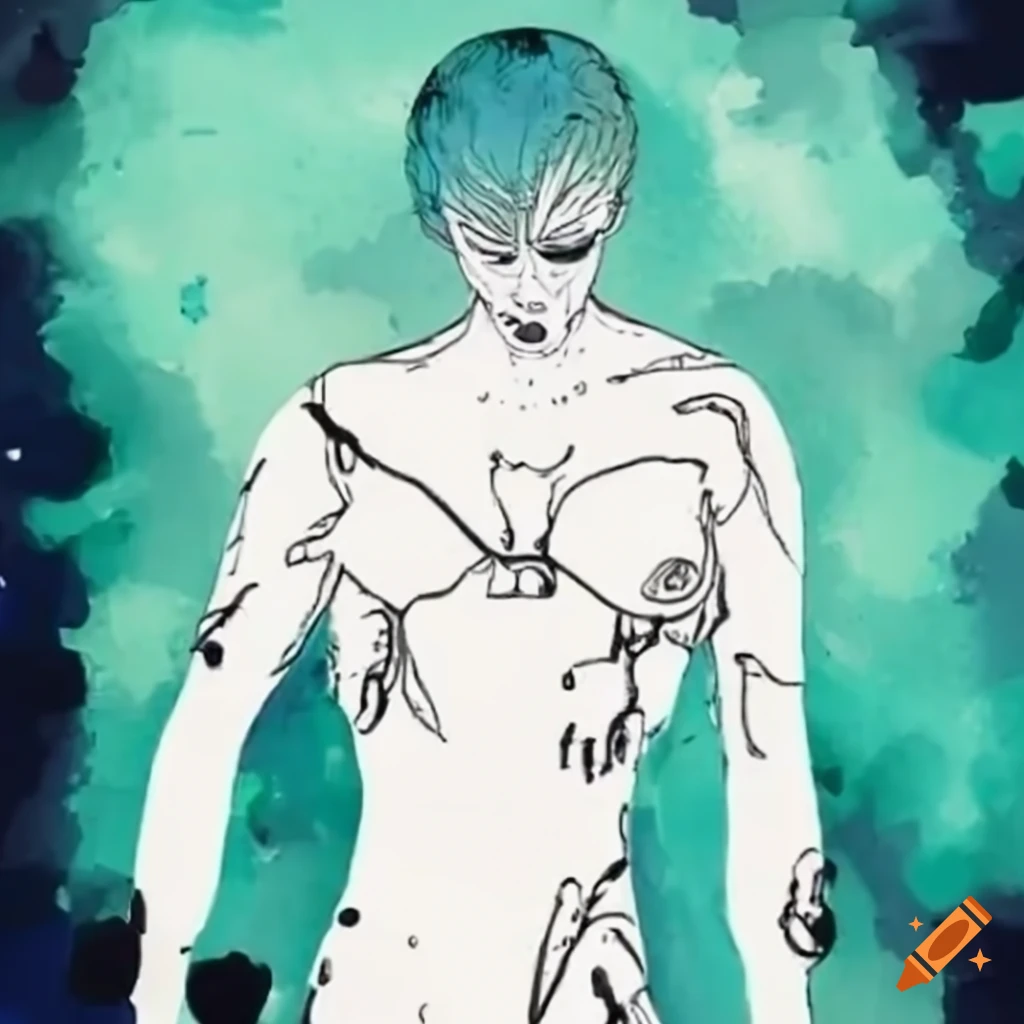 Young male cyborg in a high-tech suit with light cyan hair in black and white ink