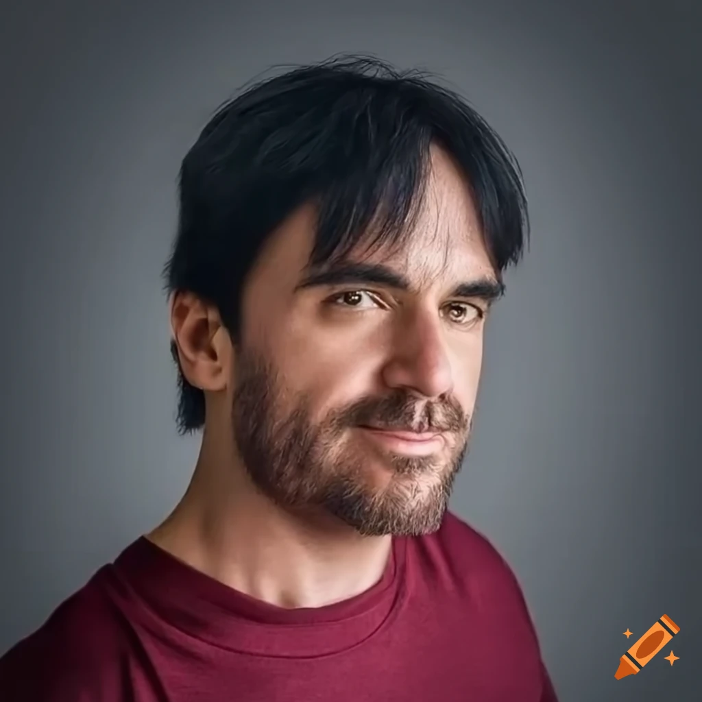 Middle-aged man with black hair and burgundy t-shirt gesturing