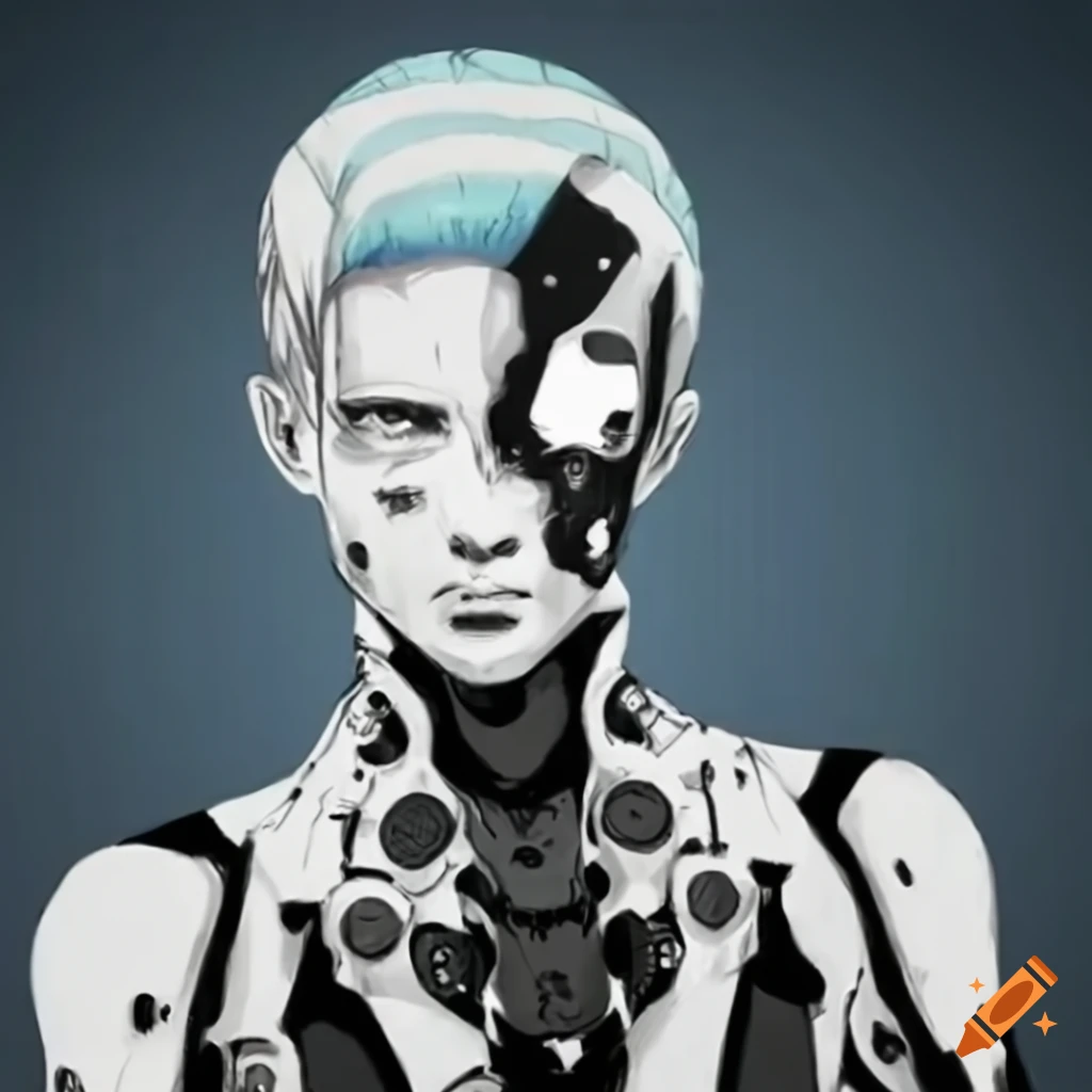 Young male cyborg in a high-tech bodysuit with light cyan hair, black and white ink art