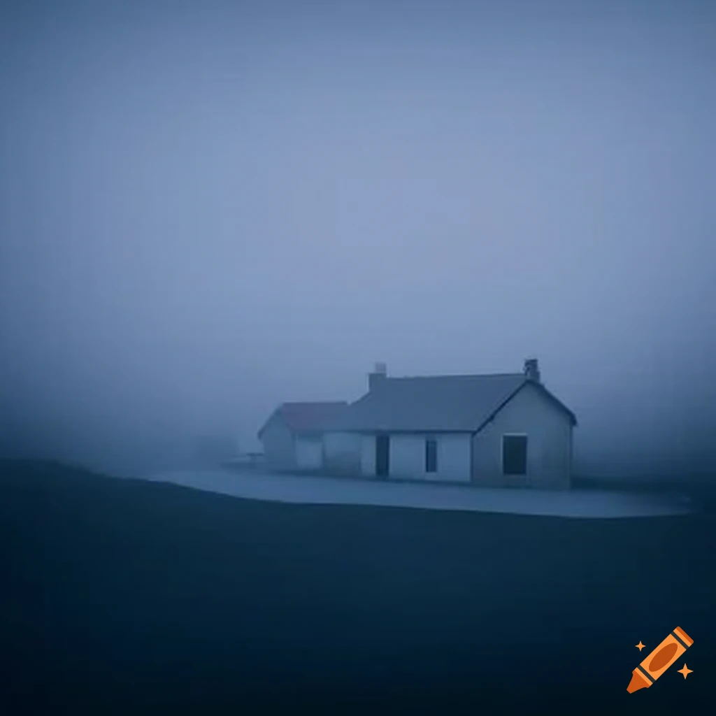 Village of rare pitch white houses in black fog