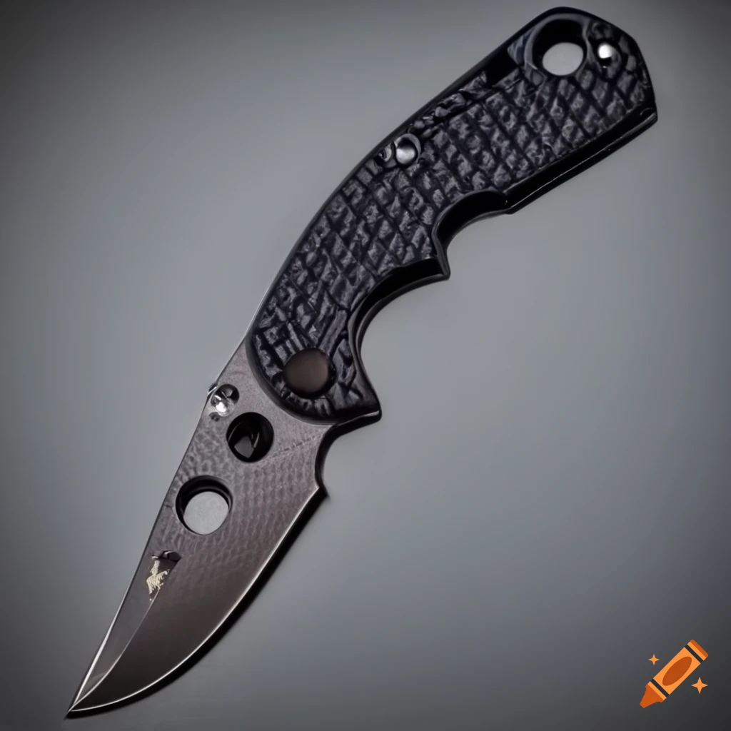 Spyderco jackknife with grip on a dark glass steel table in a futuristic Japanese style