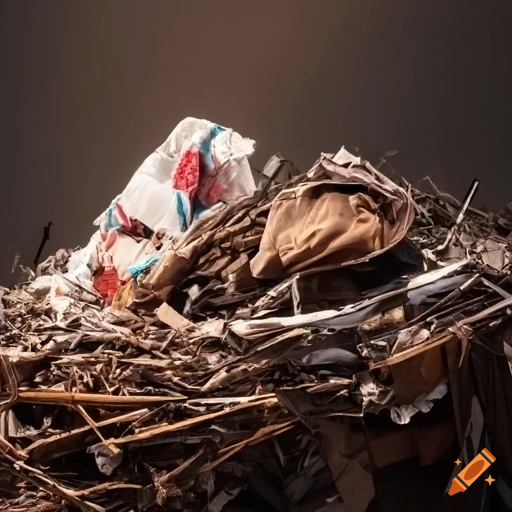 Detail of traditional Hungarian clothes in a nest web among junk garbage in a destroyed landscape