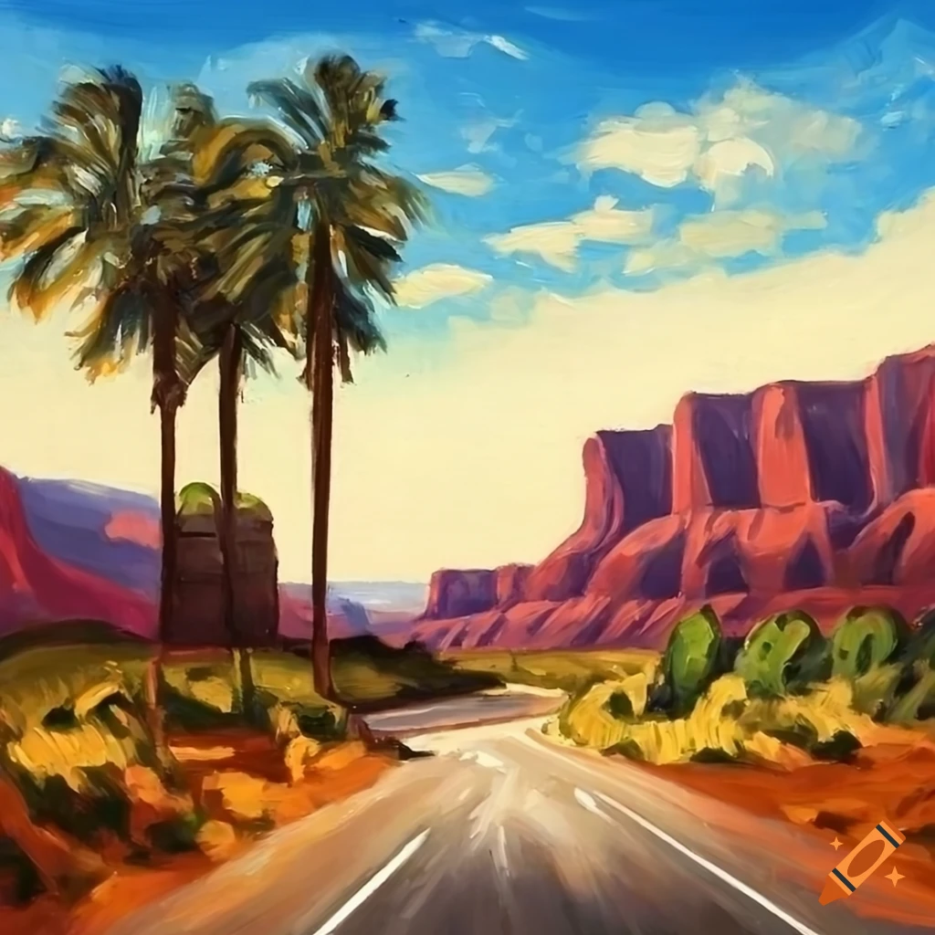 American road with canyons, palm trees, cacti, and truck tires advertisement