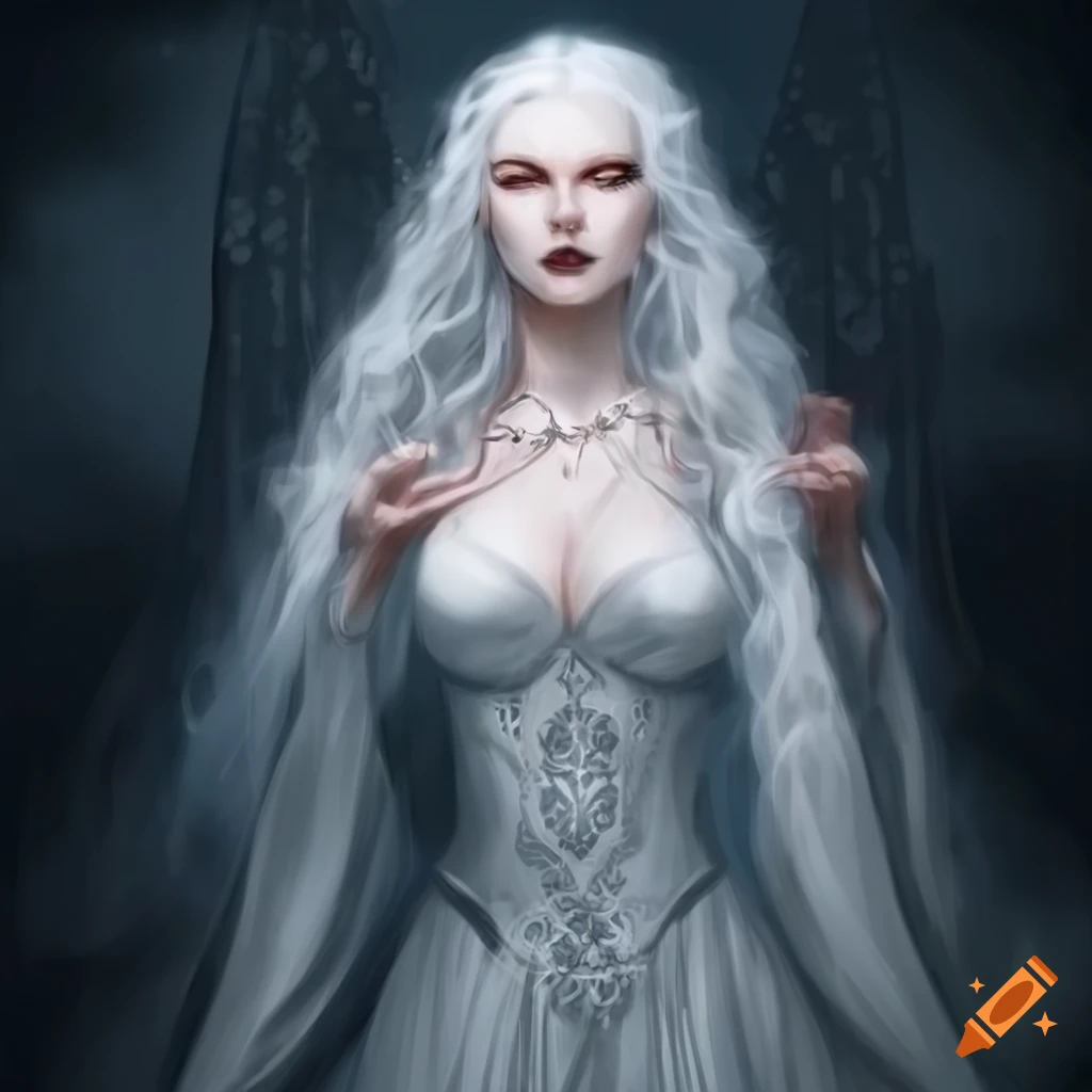 Lady Ophelia, a good vampire with white hair in a fantasy art depiction