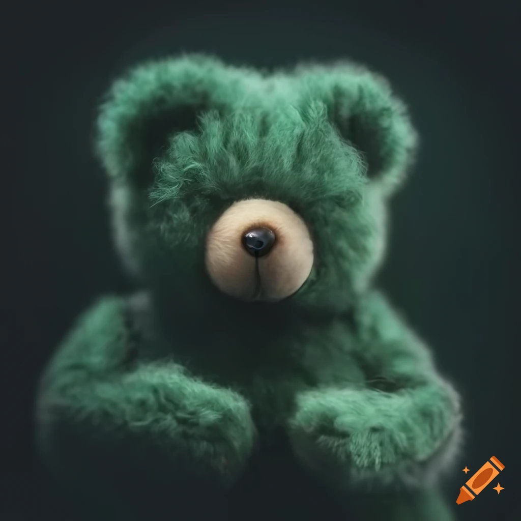 Detailed digital art photorealistic portrait of a cute dark green wool teddy bear