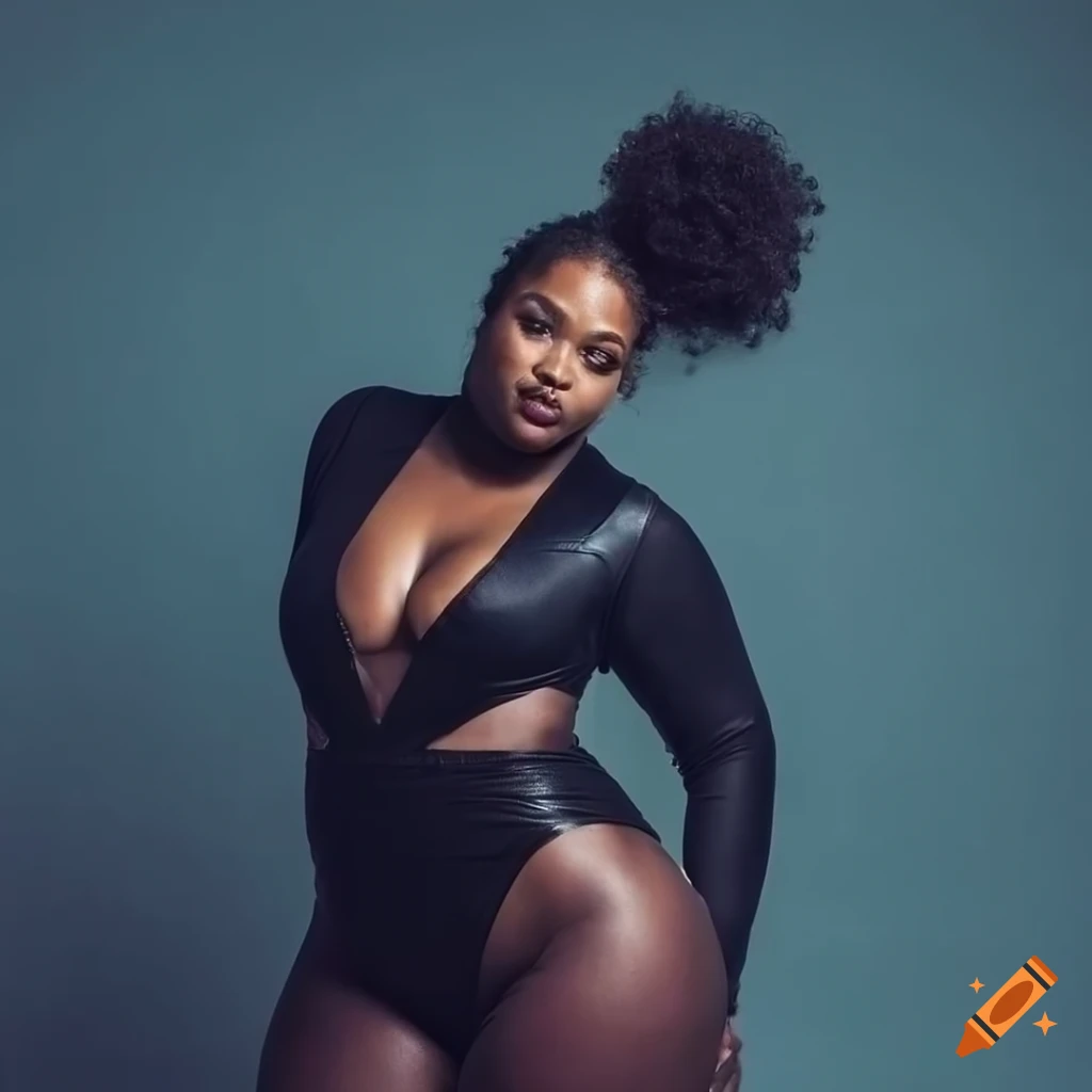 Plus size model in sleek body-hugging bodysuit in a studio setup