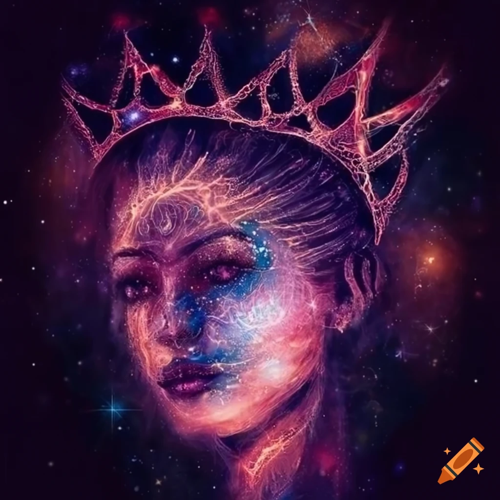 Queen's face in stars with lightning crown in surreal ink sketch
