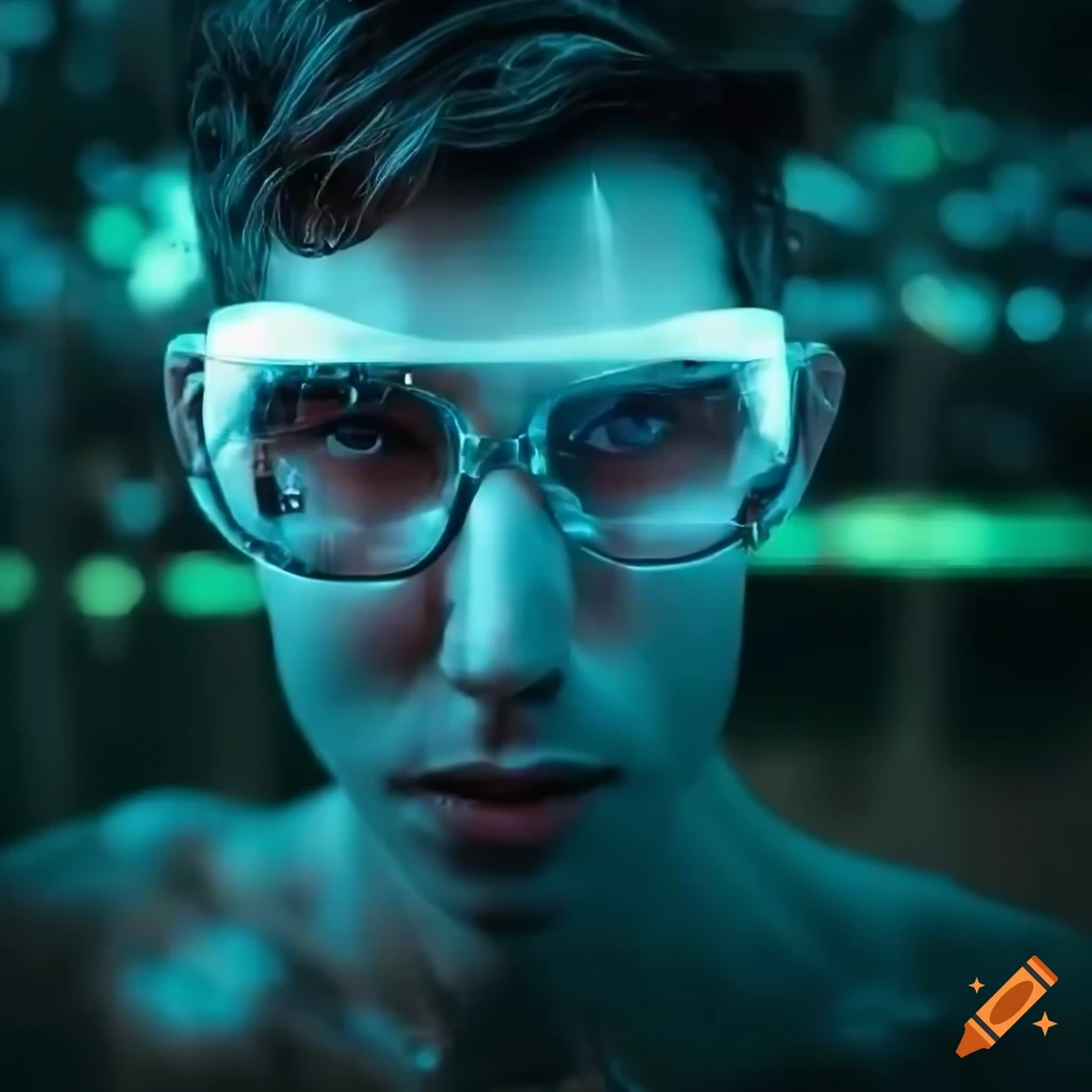 Skinny male cyborg with glasses integrating electronic machinery and plant life