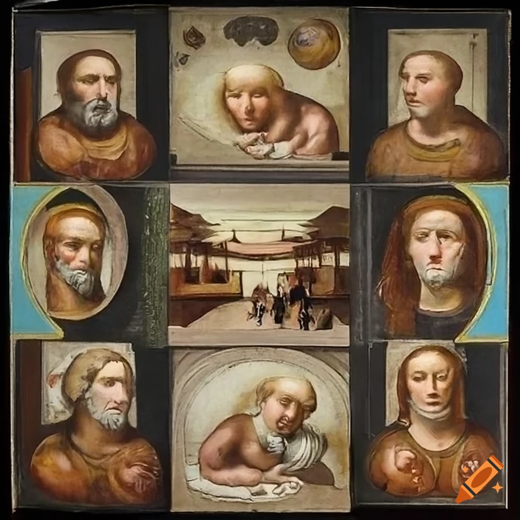 Renaissance scene featuring Leonardo da Vinci, Michelangelo, and Raphael in creative work
