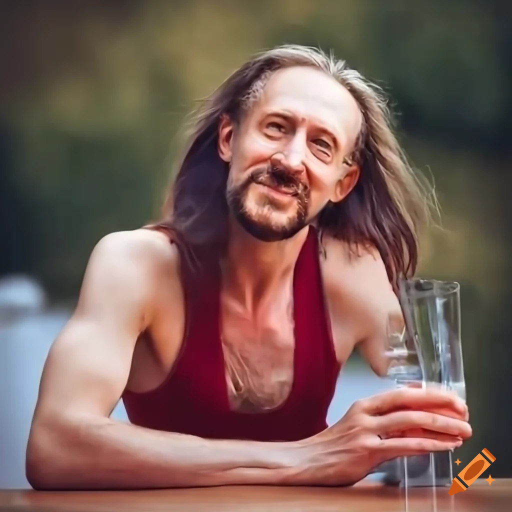 Happy 50-year-old man enjoying shrimp and vodka outdoors