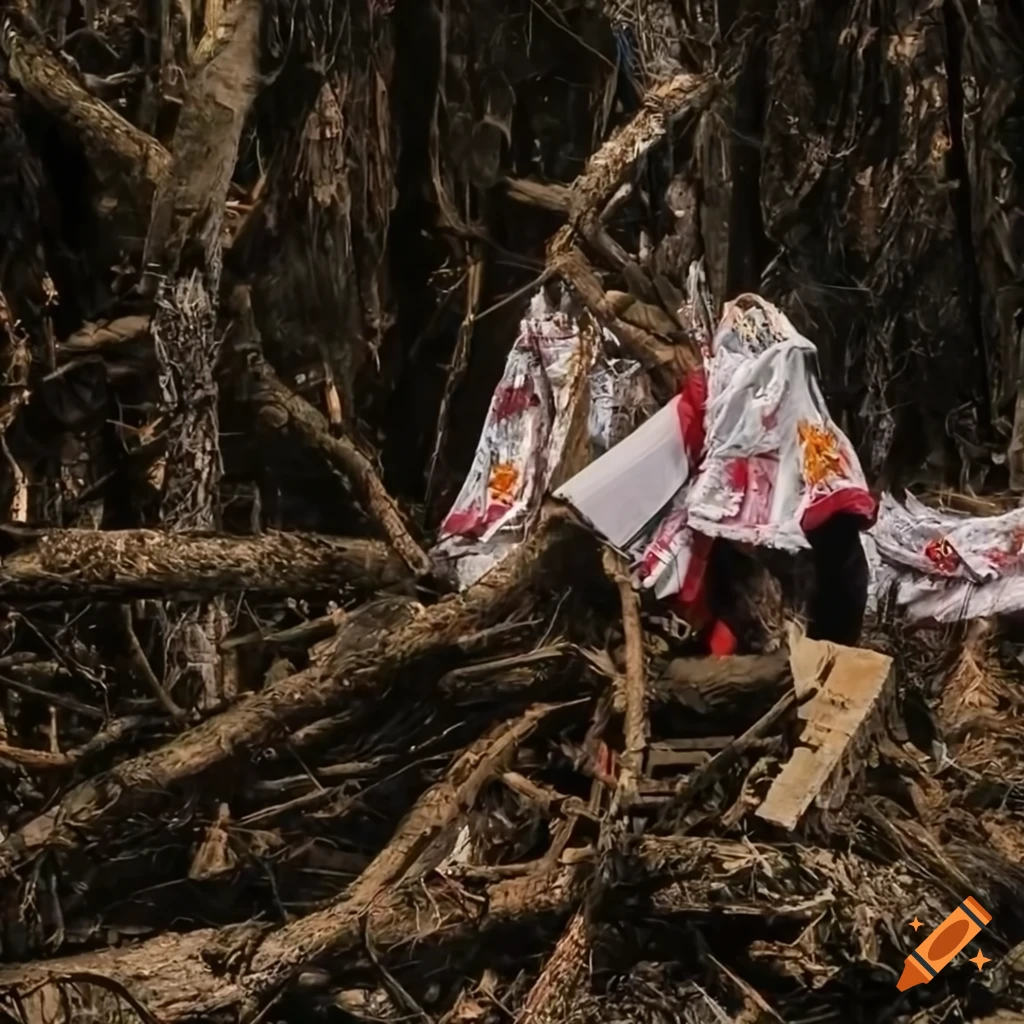 Traditional Hungarian clothes caught in tree branches amidst junk garbage in a destroyed landscape
