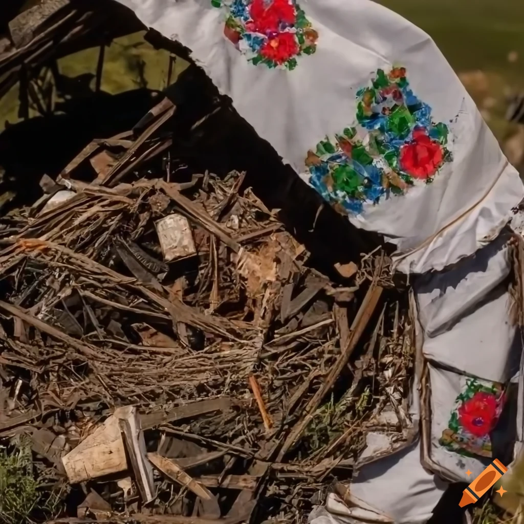 Traditional Hungarian clothes in a junk garbage nest in a destroyed landscape