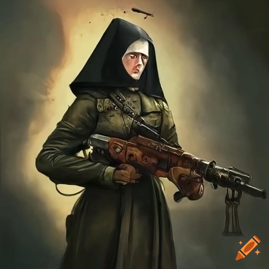 Dieselpunk Machine Militant-Nun in World War One Trenches battling demons