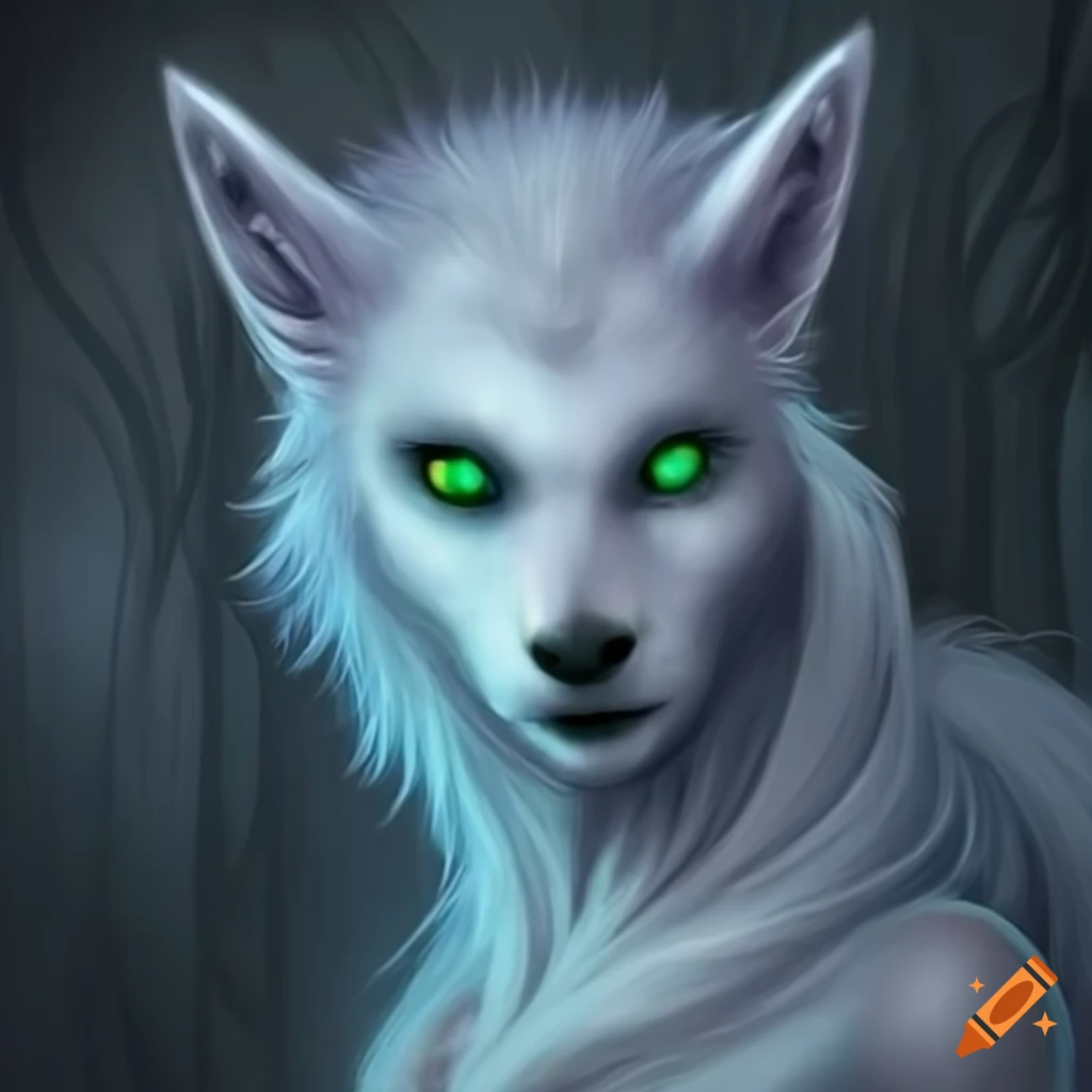Mythical female werewolf with white fur and green eyes