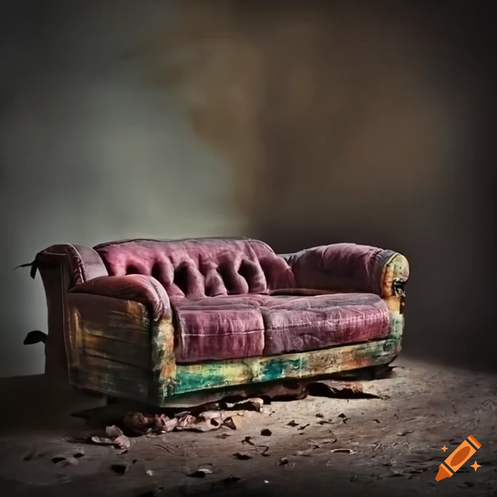 Filthy dilapidated couch with dark stains