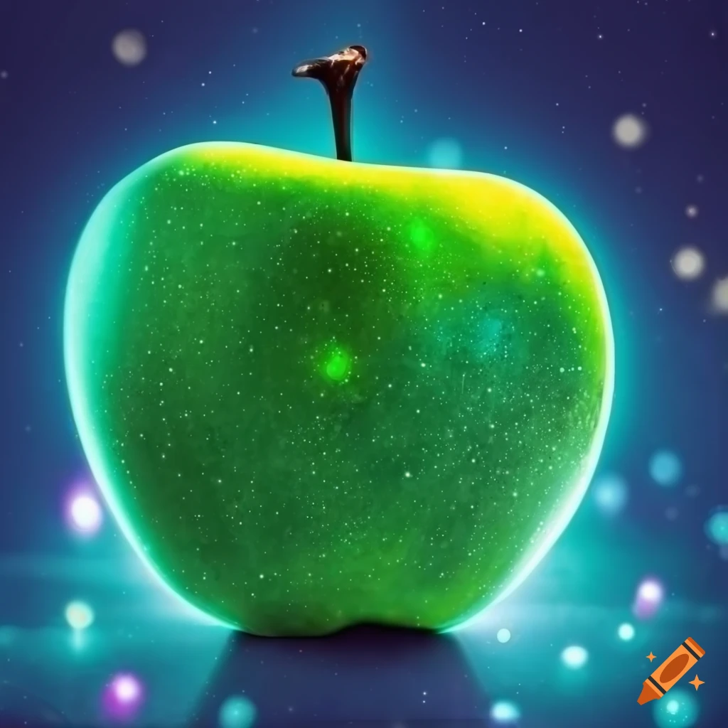 Manzana verde sobre fondo azul con detalles de estrellas celestes
