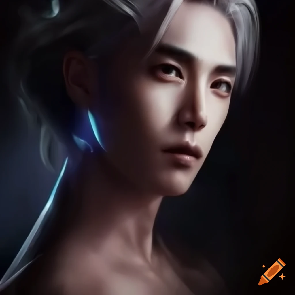 Male djinn with grey hair and dark eyes in mist with bokeh and jewels