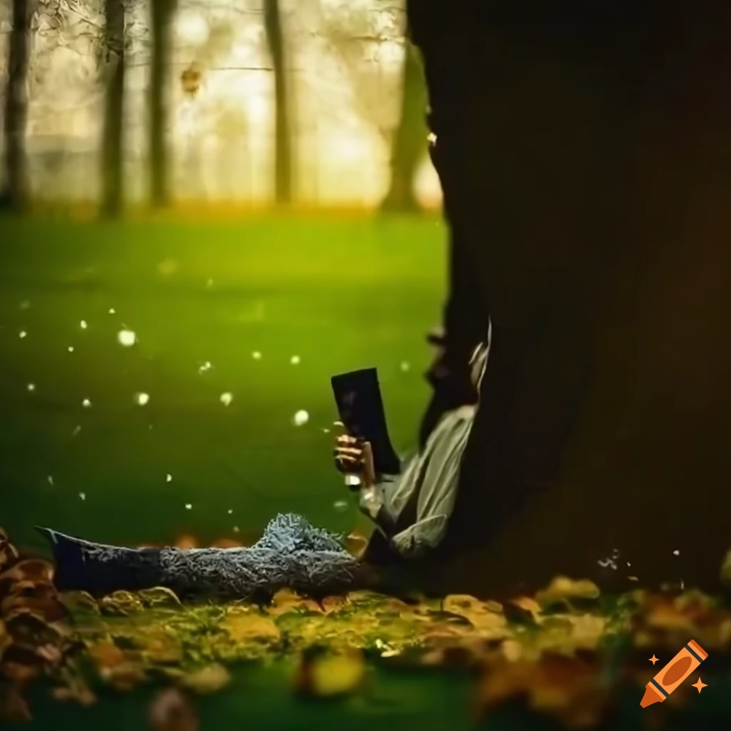 City park with raindrops on leaves, a figure sketching under a tree
