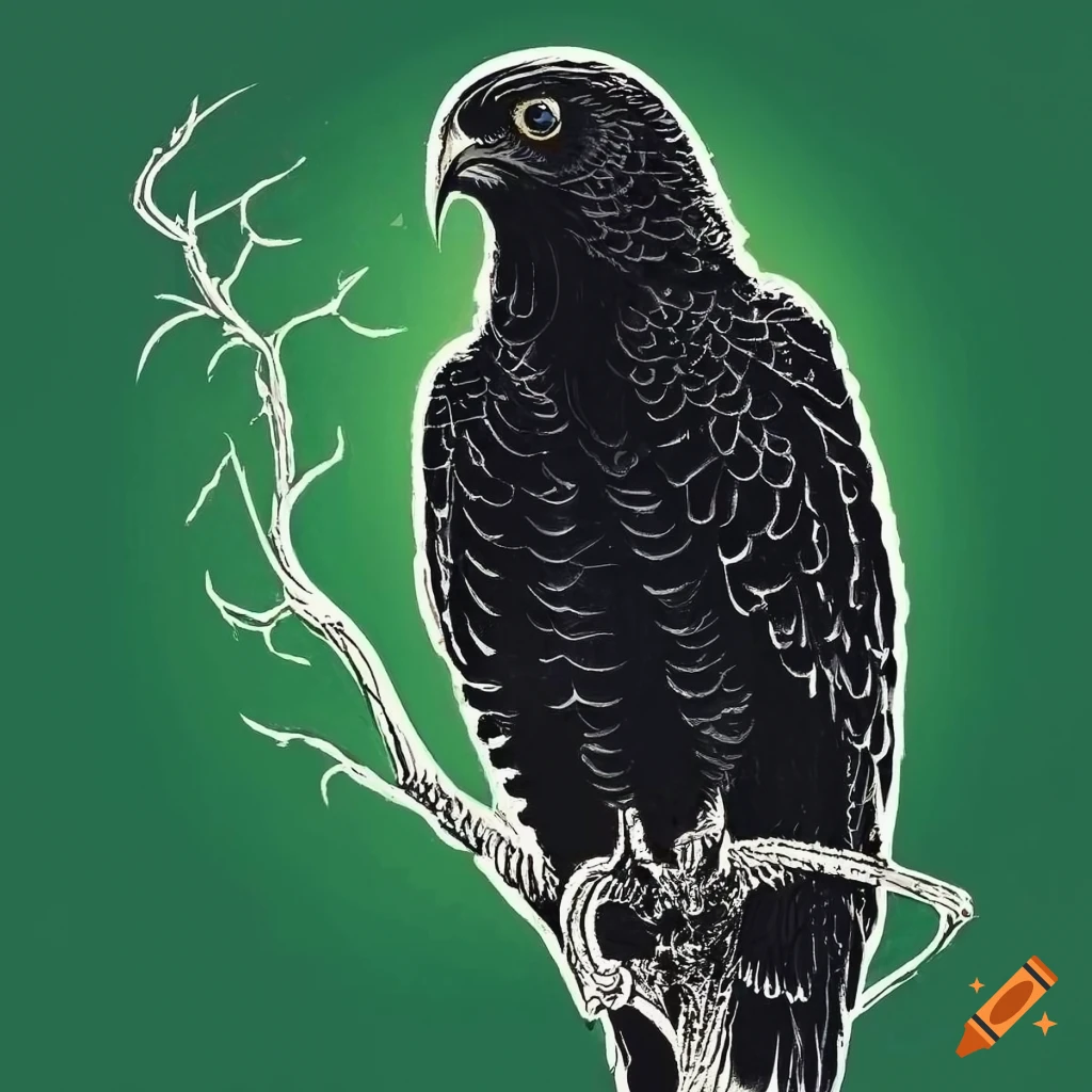 Black falcon made of vines in a woodcut style