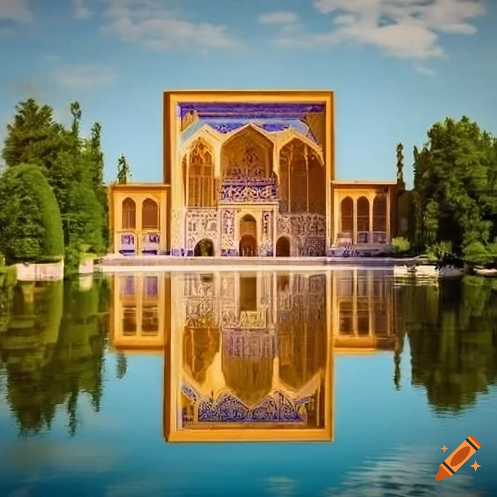 Richly decorated Persian palace on a peaceful pond with vibrant gardens