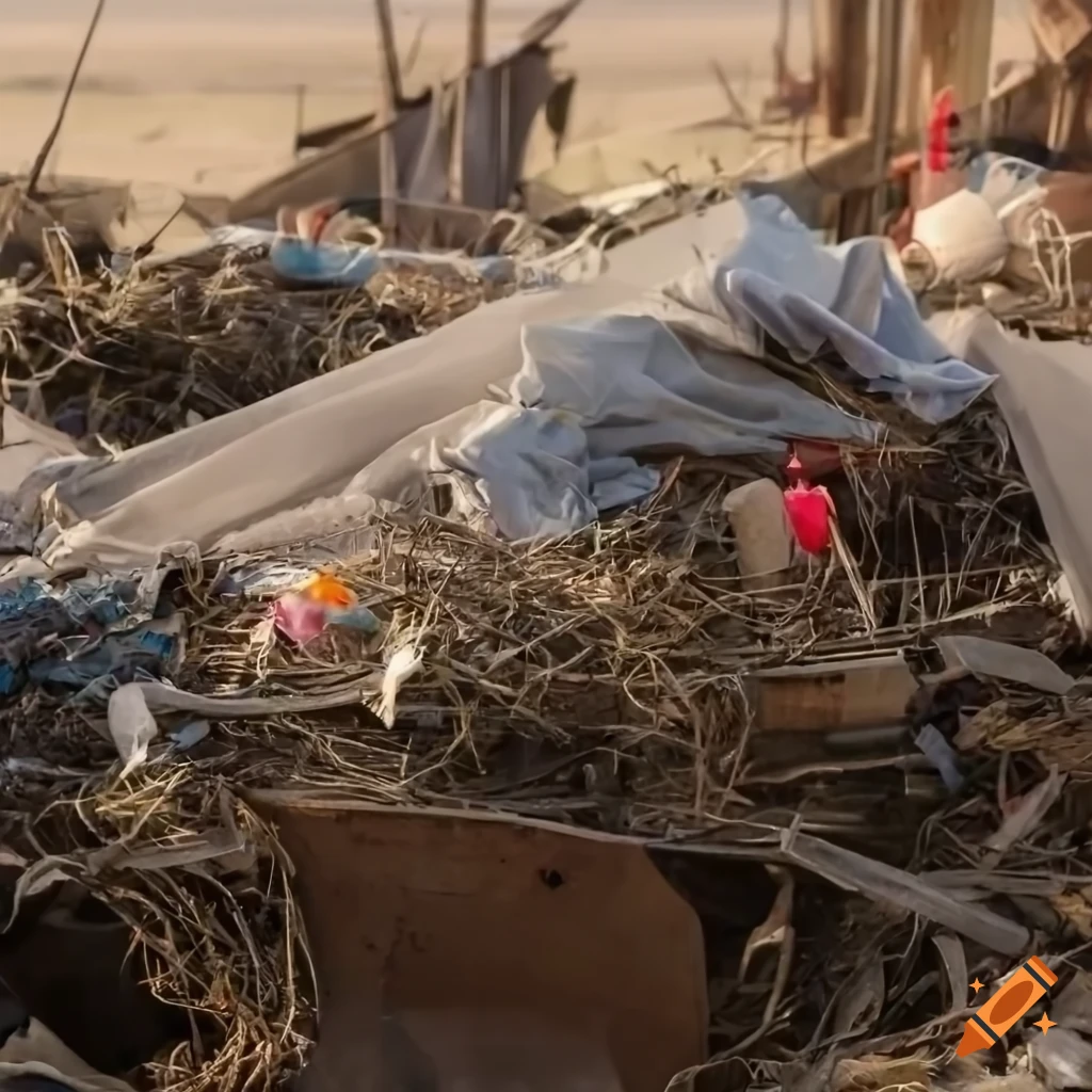 Detail of traditional Hungarian clothes caught in a web of junk garbage in a destroyed landscape