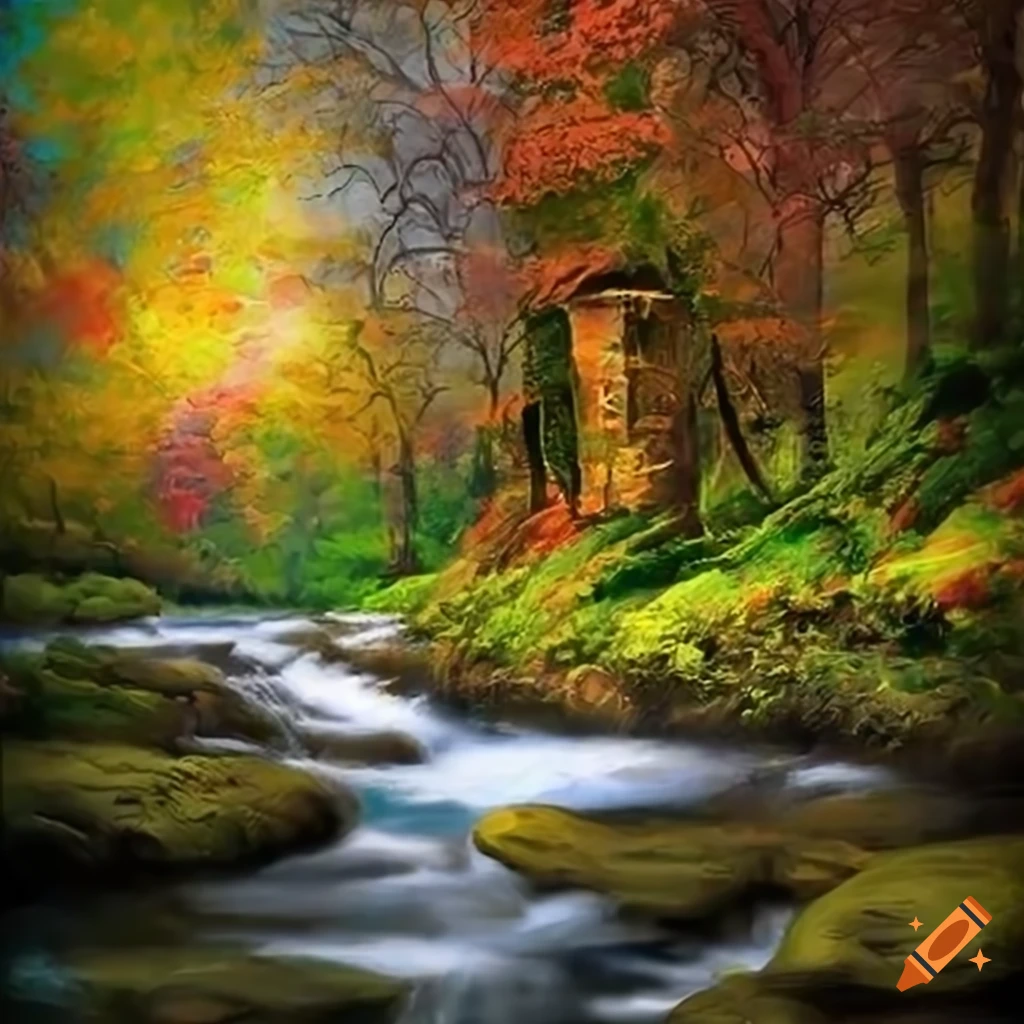 Artistic painting of a lush and vibrant landscape with towering trees in the style of a renowned painter
