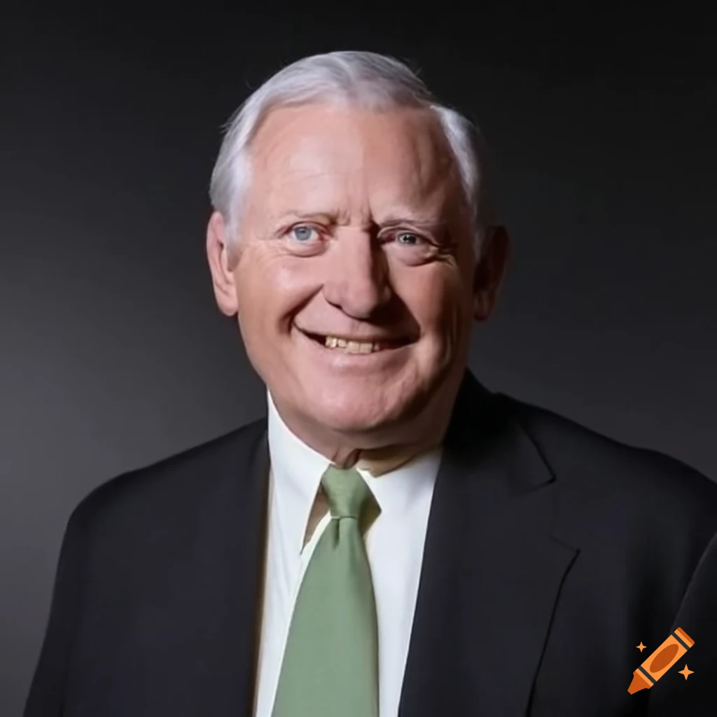 Elegant older politician in black suit with pale green tie