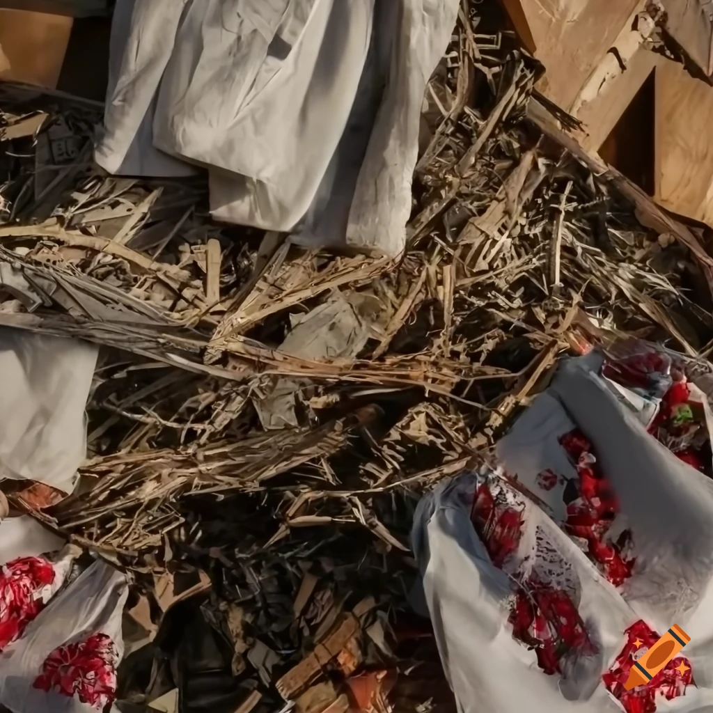 Traditional Hungarian clothes in a junk garbage nest in a destroyed landscape