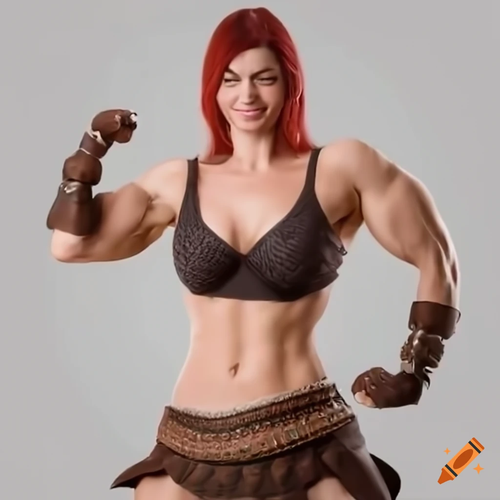 Muscular barbarian woman showcasing her strength with raised arms