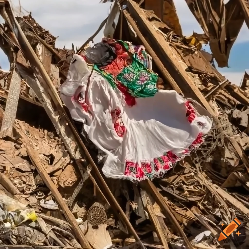Detail of traditional Hungarian clothes caught in a junk garbage web in a destroyed landscape