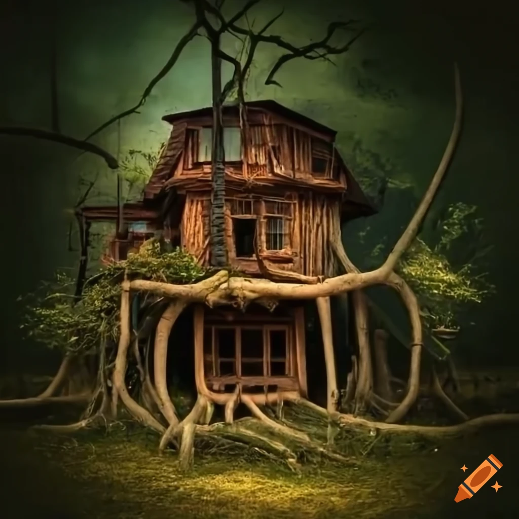 House built with tree branches and rooted in the ground