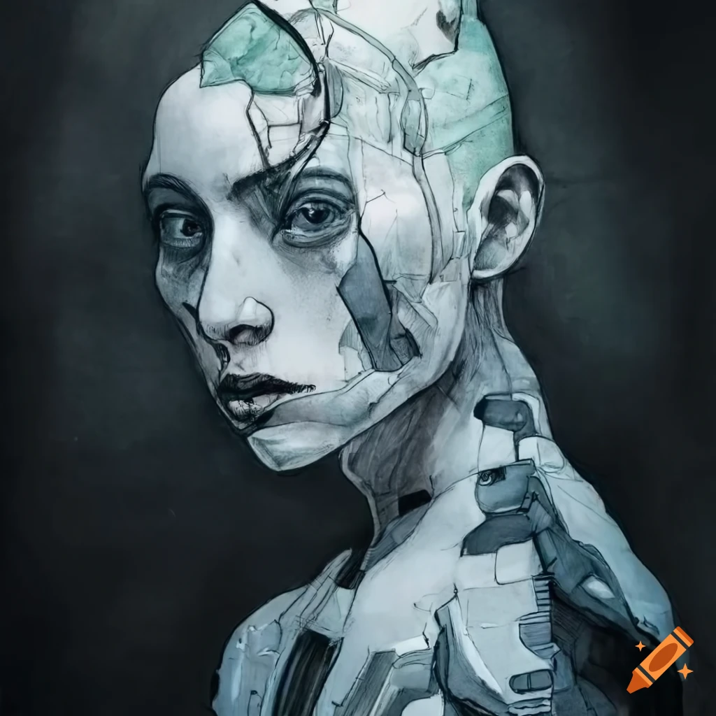 Cyborg in high-tech bodysuit with cyan hair in black and white ink