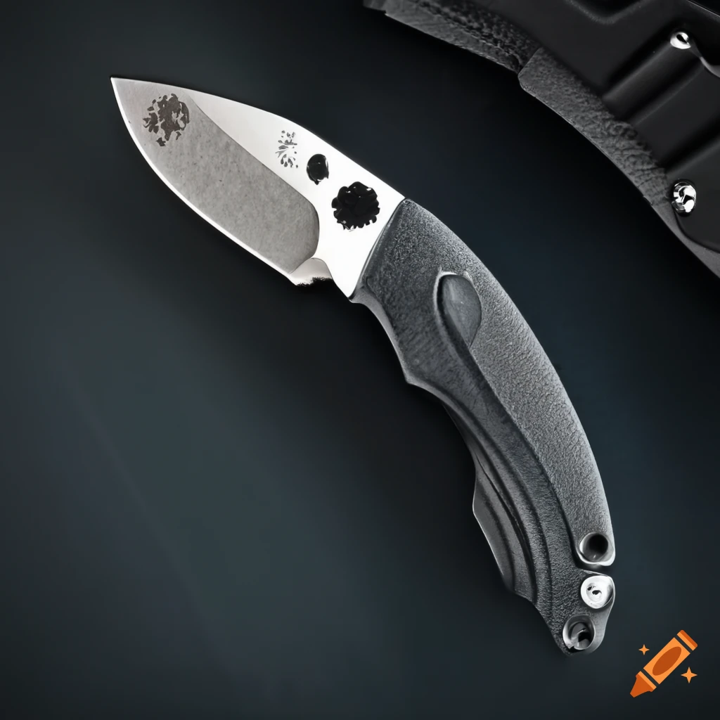 Spyderco jackknife with grip on a dark glass steel table in a futuristic Japanese style