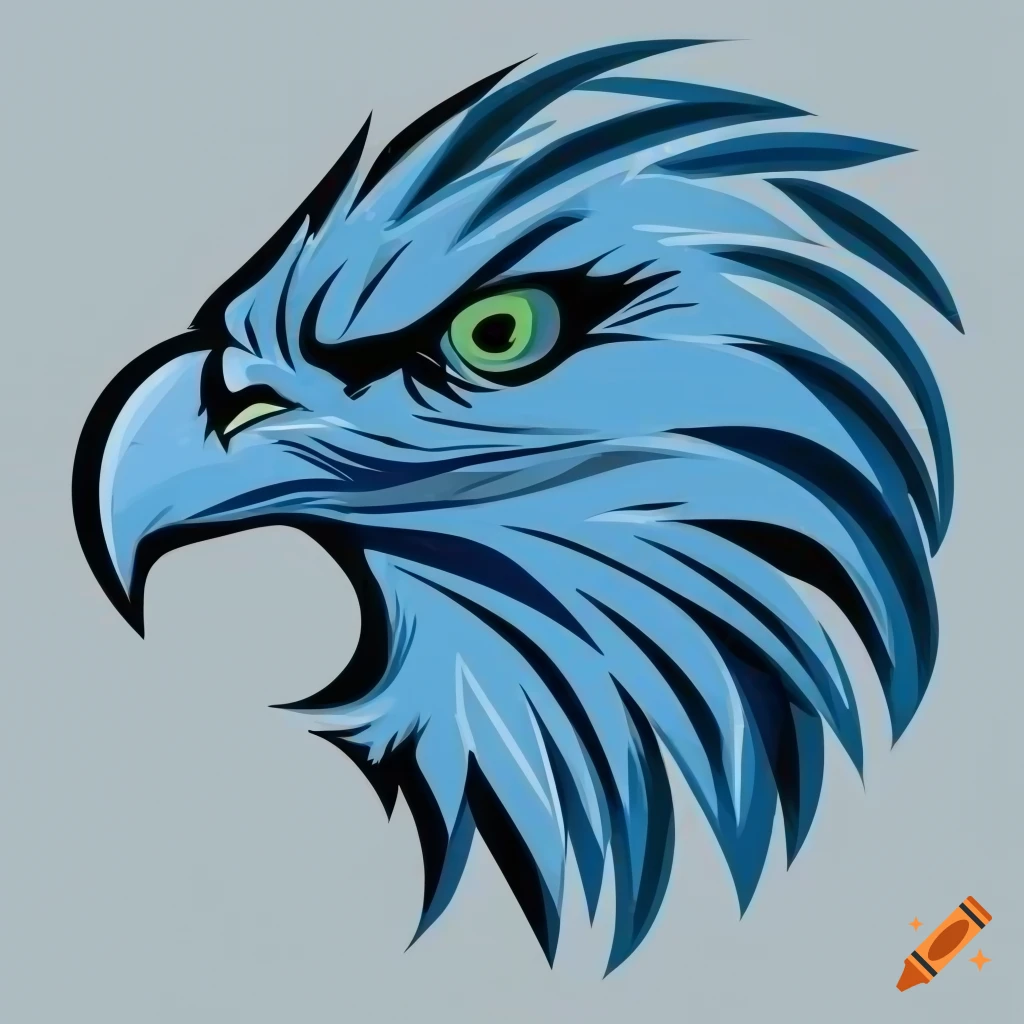 Eagle head with royal blue, green, and white feathers for sports team emblem