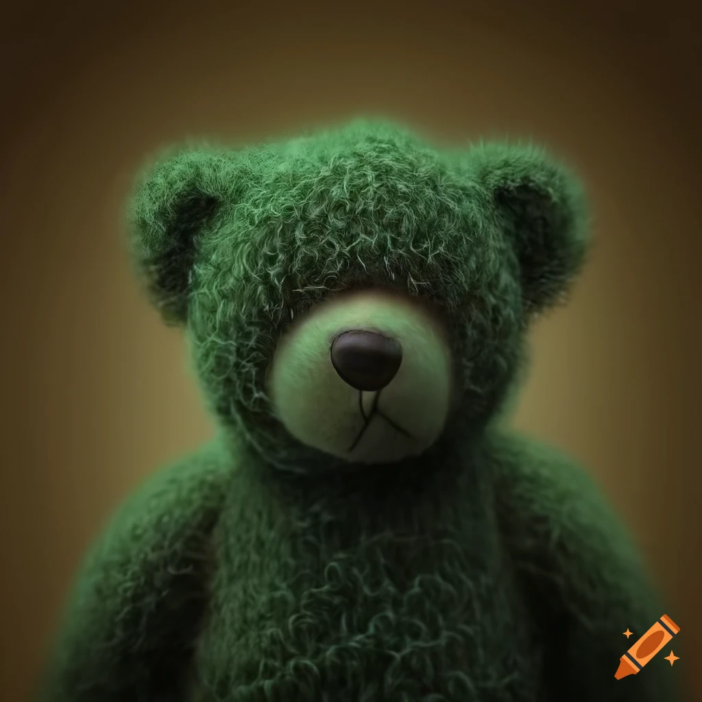 Portrait of a cute dark green wool teddy bear with button eyes in digital art