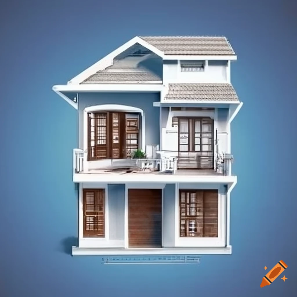 Blueprint of a three-storey house in blue color