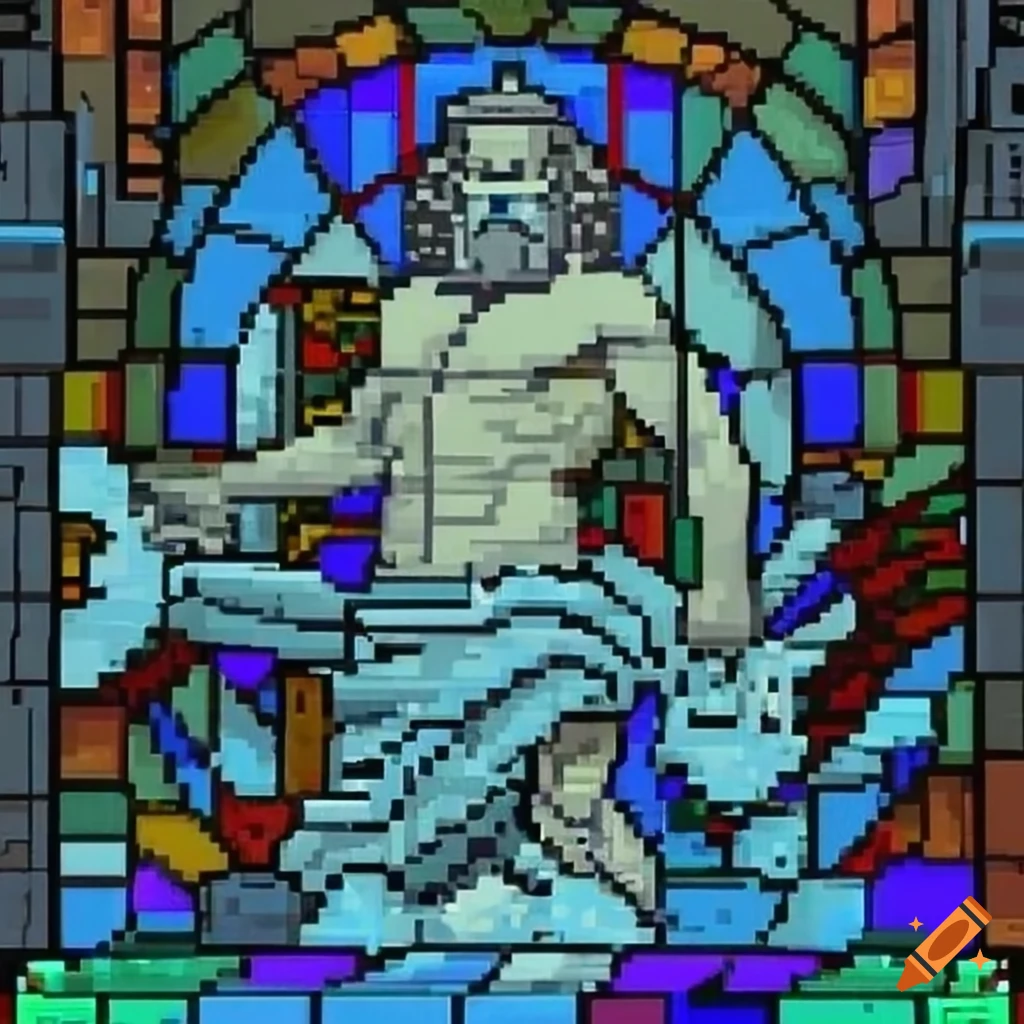 Stained glass window of Poseidon in 8-bit NES style