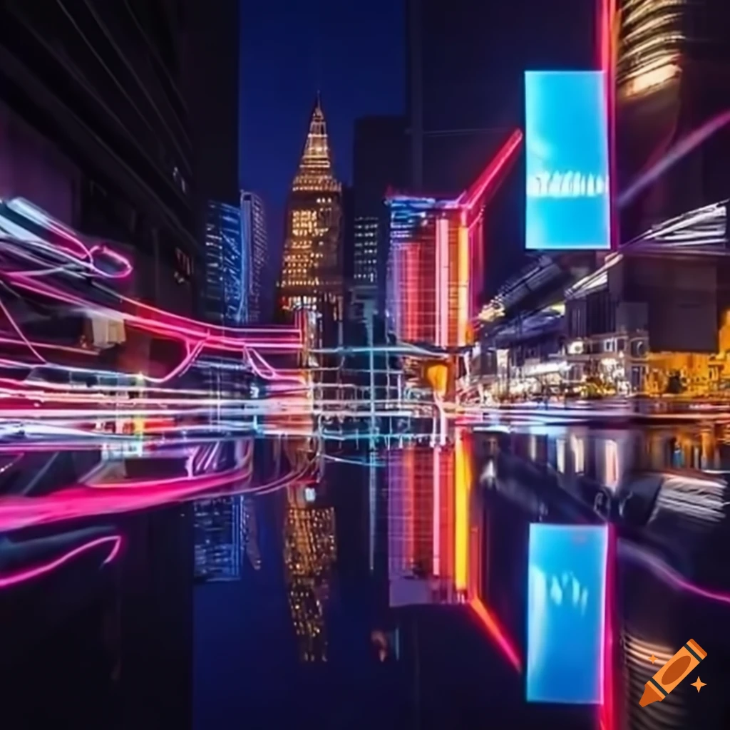 City illuminated by neon lights with autonomous vehicles, drones, and skyscrapers