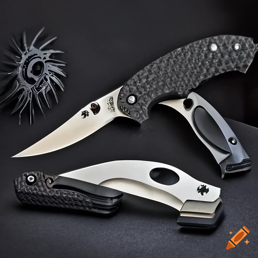 Spyderco jackknife on a sleek steel table with a futuristic Japanese style
