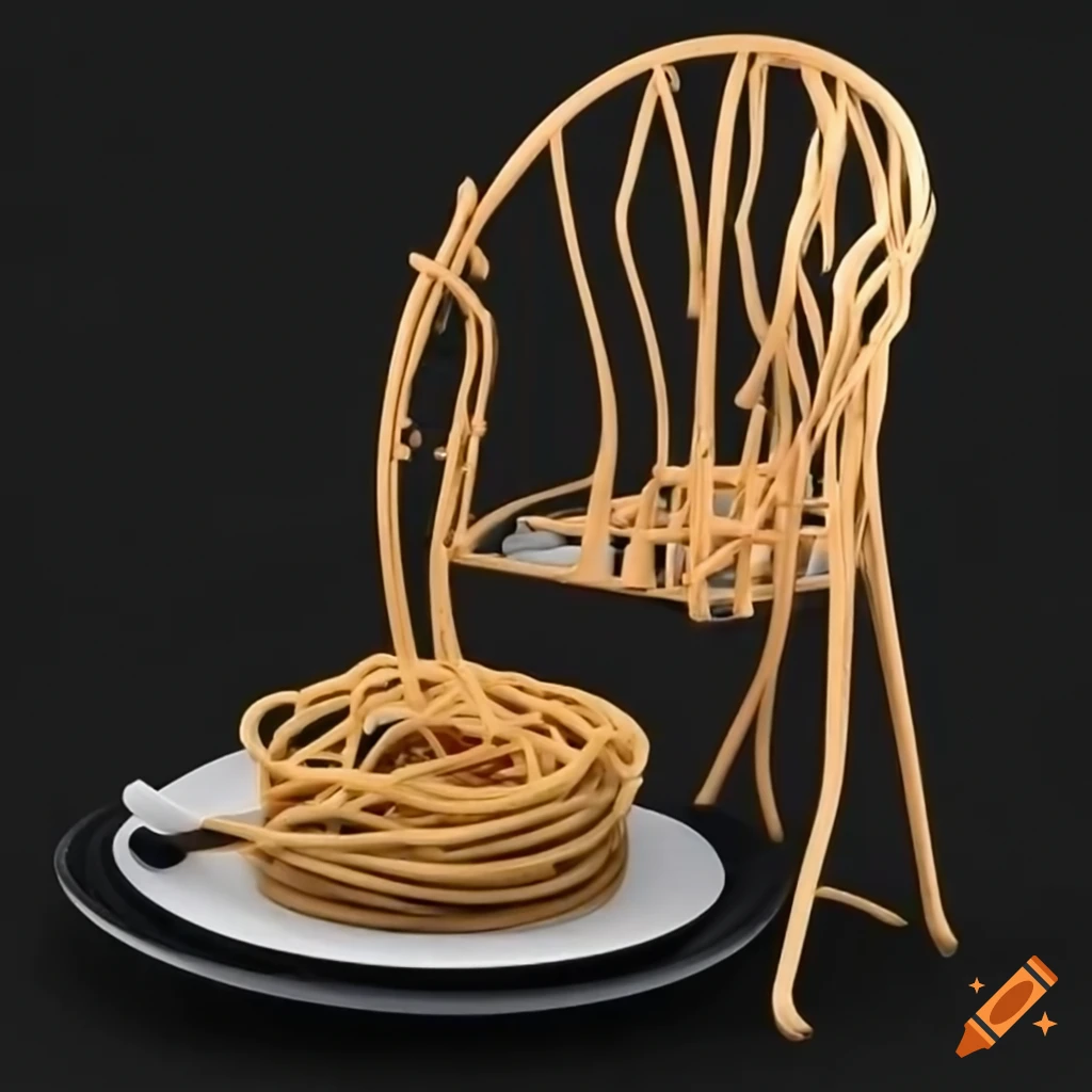 Chair with a plate of spaghetti on it