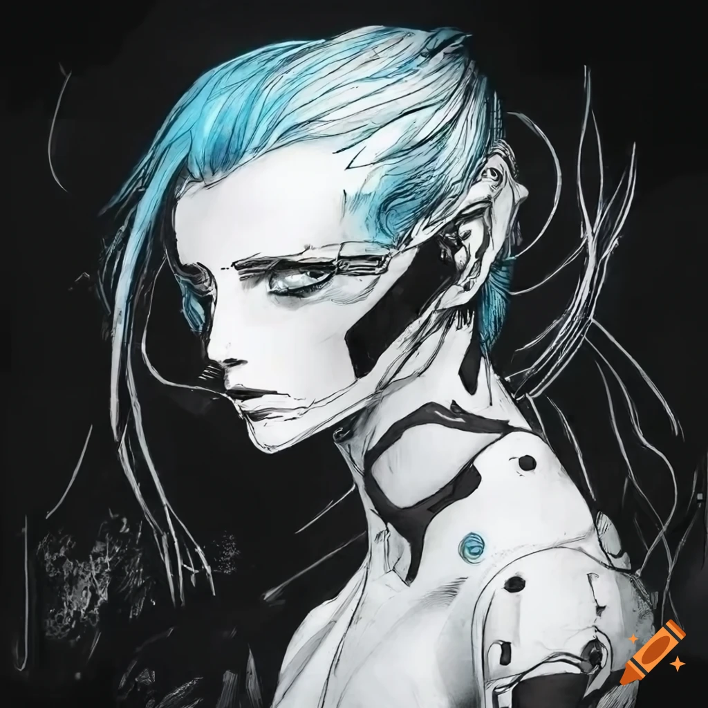 Ink drawing of a young male cyborg in a high-tech bodysuit with light cyan hair