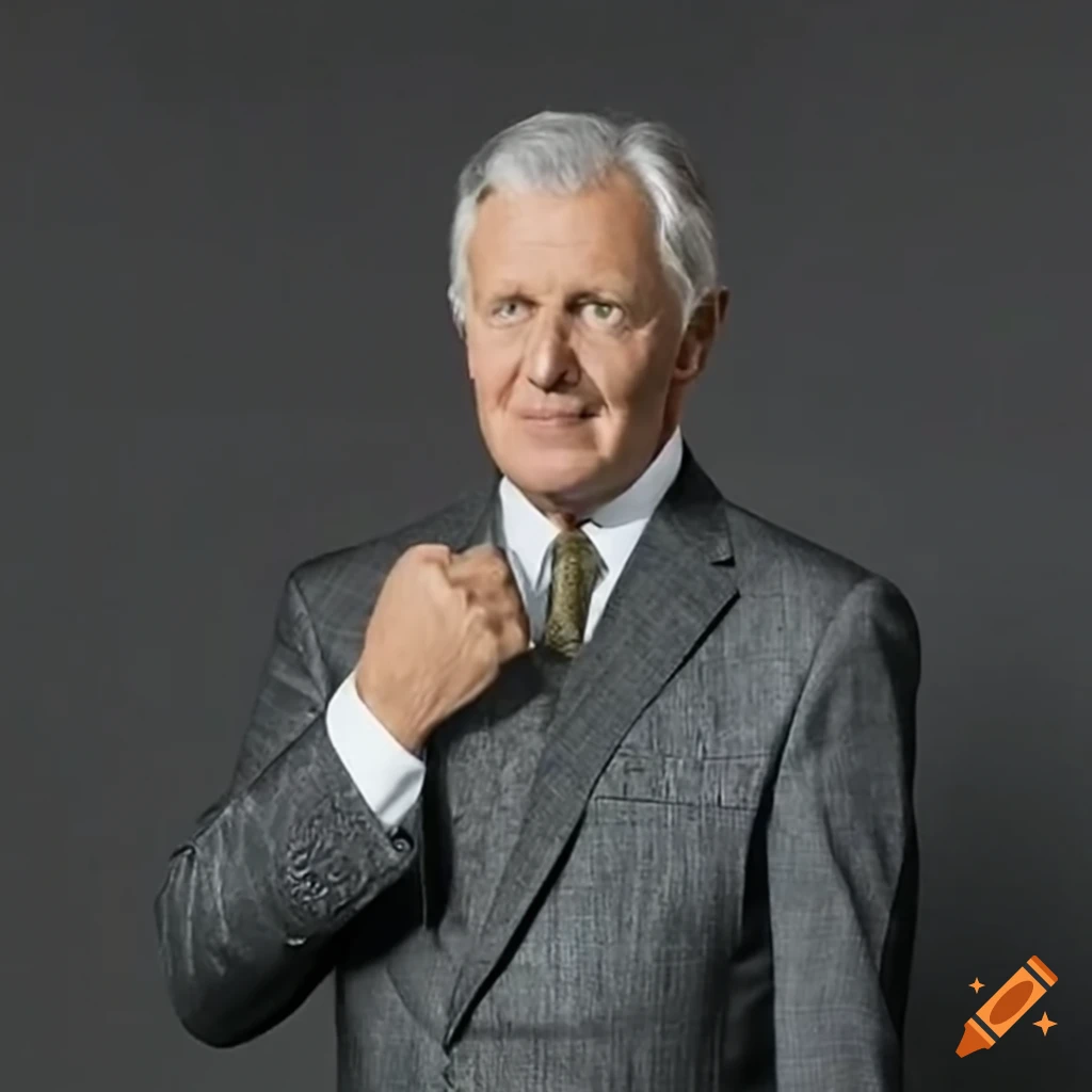 Elderly male politician in black suit with grey-white hair and green eyes