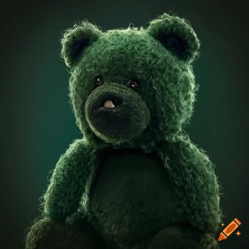 Portrait of a cute dark green wool teddy bear with button eyes in digital art