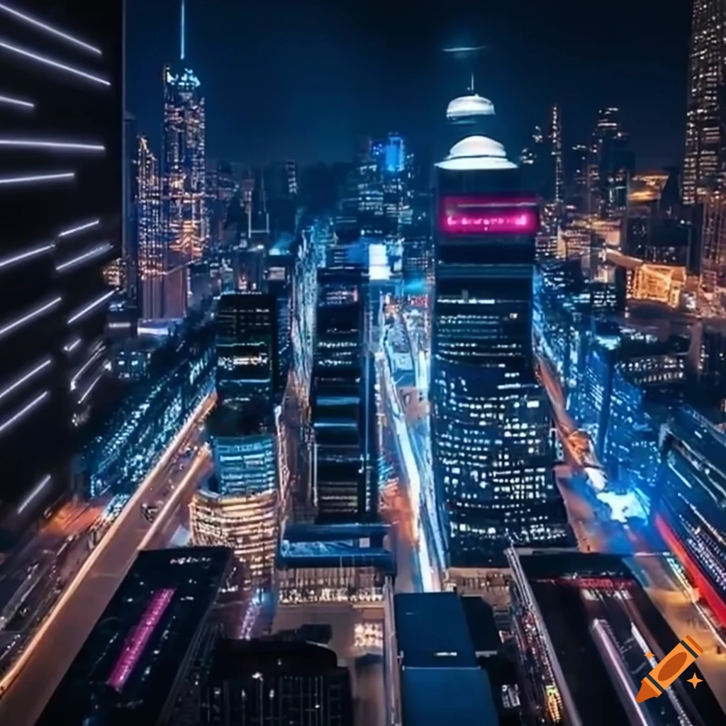 City illuminated by neon lights with autonomous vehicles, drones, and skyscrapers