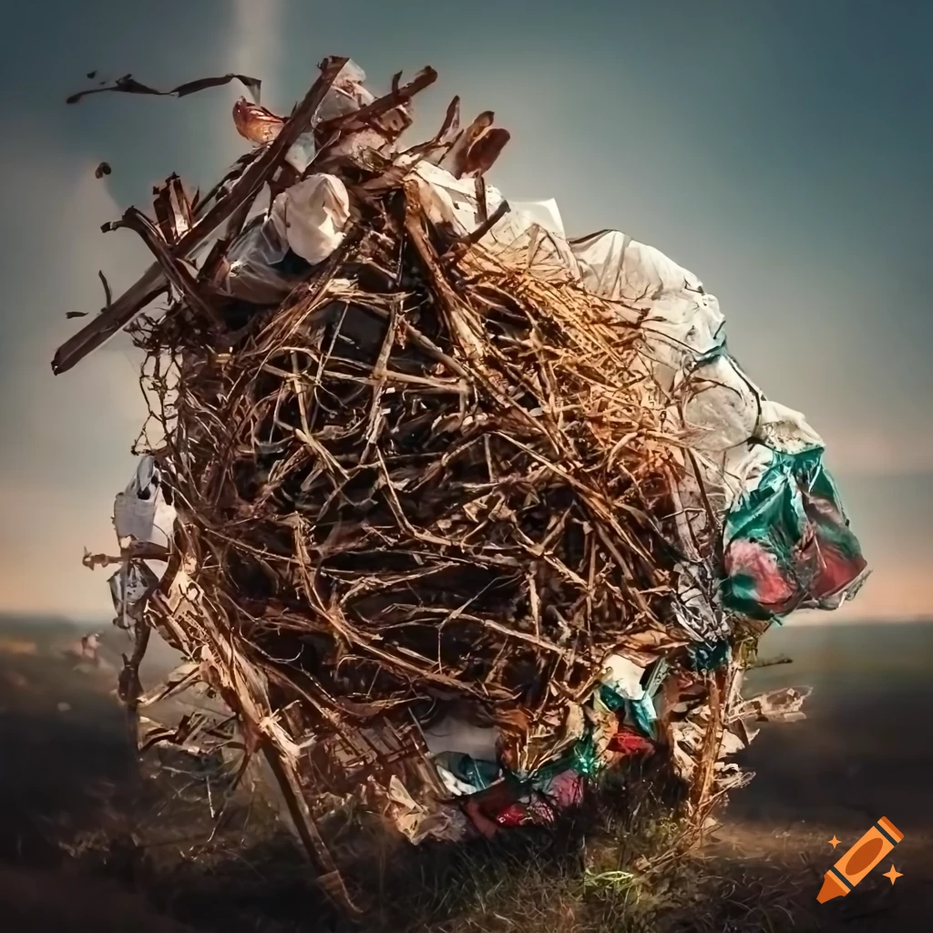 Detail of Hungarian traditional clothes caught in a junk garbage nest in a destroyed landscape with soft tones