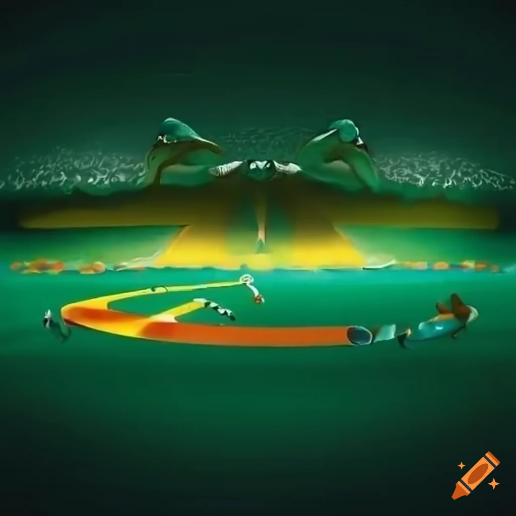Athletics track in Australian green and gold colors with Olympics motifs in Dali style